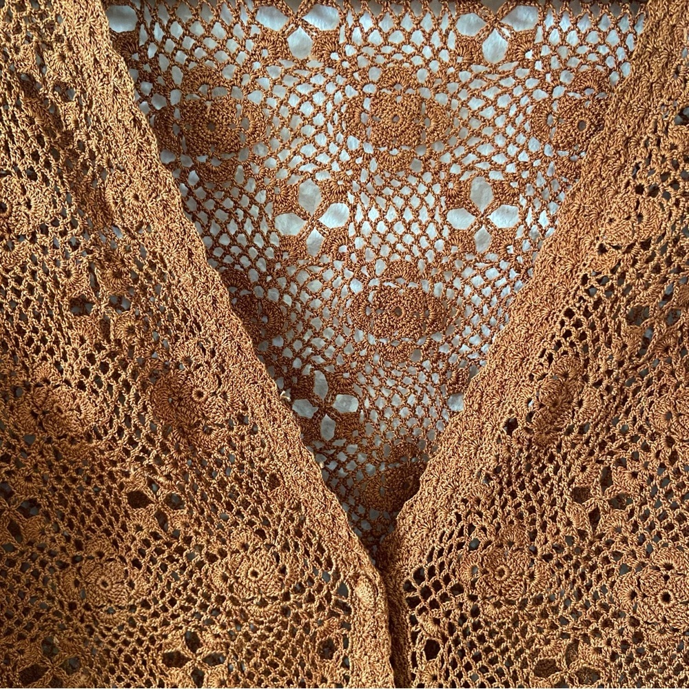 Vintage brown crochet macrame cardigan sweater knit outerwear indie medium - Picture 3 of 5